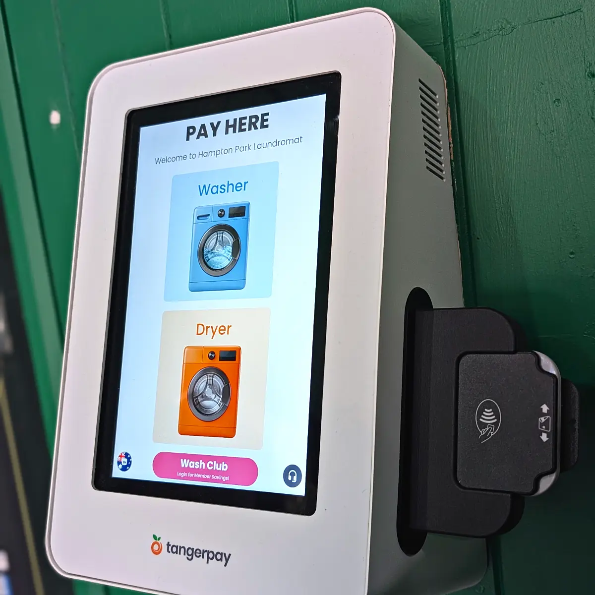 The Pay Here screen and card reader, for paying by card or phone