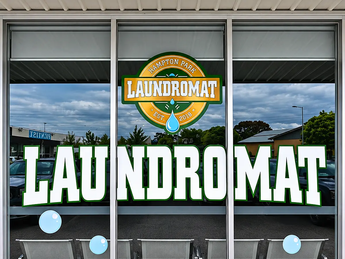 The Hampton Park Laundromat shopfront, with the logo and LAUNDROMAT in large letters on the window